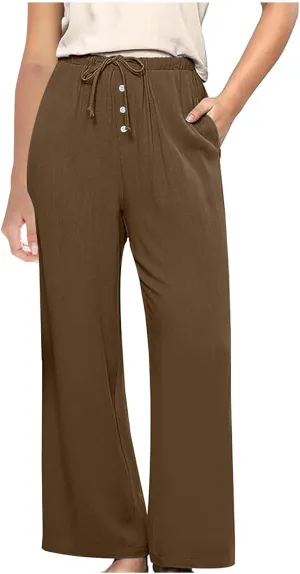 Linen Pants Women Drawstring High Waisted Wide Leg Cotton Baggy Trousers 2025 Summer Casual Bell Pant with Pockets
