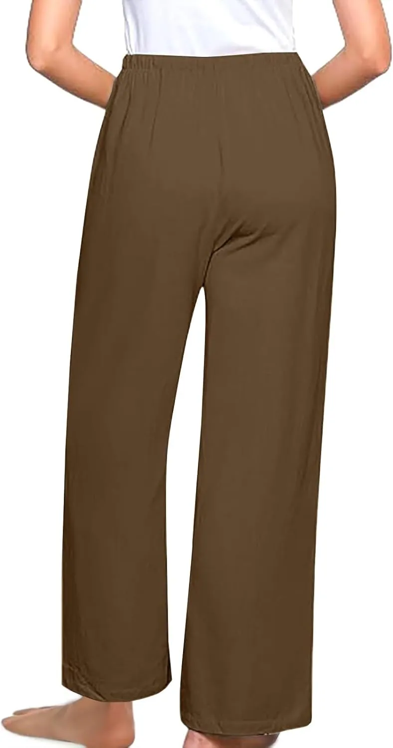 Linen Pants Women Drawstring High Waisted Wide Leg Cotton Baggy Trousers 2025 Summer Casual Bell Pant with Pockets