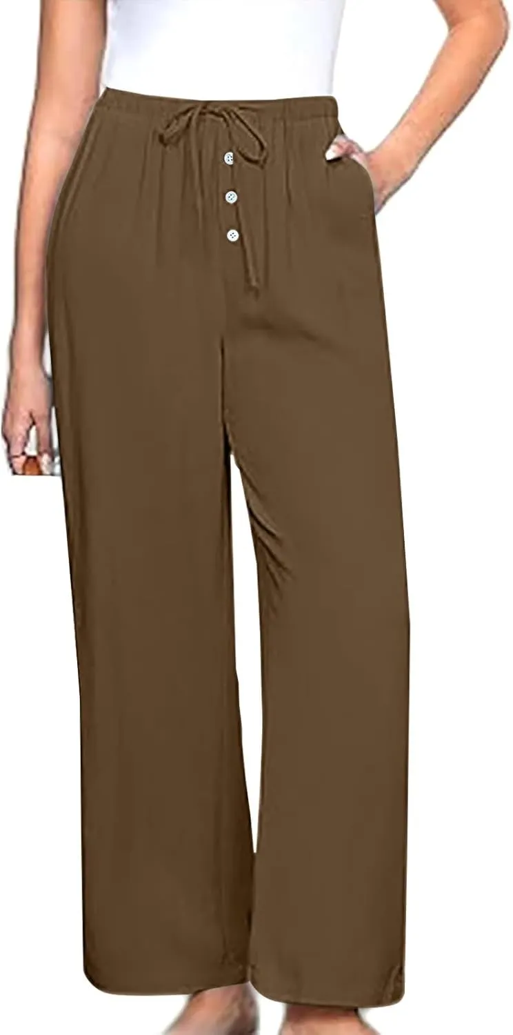Linen Pants Women Drawstring High Waisted Wide Leg Cotton Baggy Trousers 2025 Summer Casual Bell Pant with Pockets