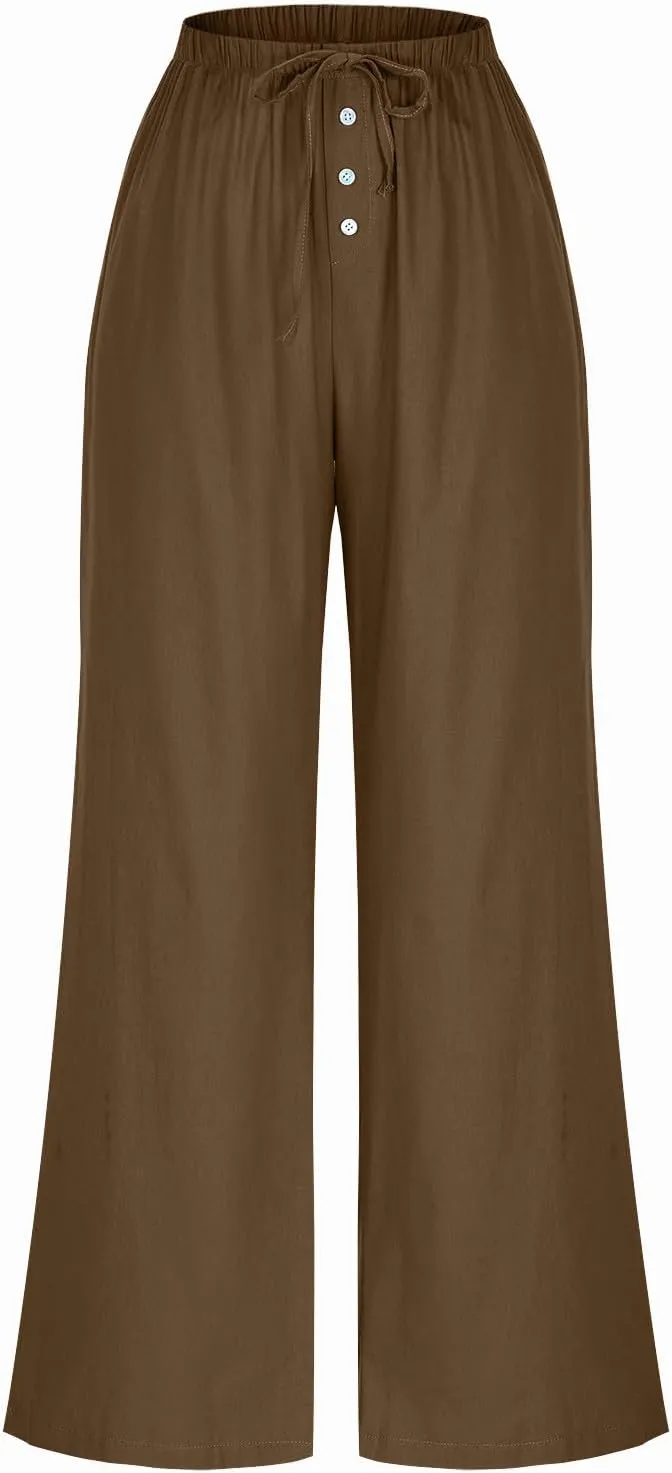 Linen Pants Women Drawstring High Waisted Wide Leg Cotton Baggy Trousers 2025 Summer Casual Bell Pant with Pockets