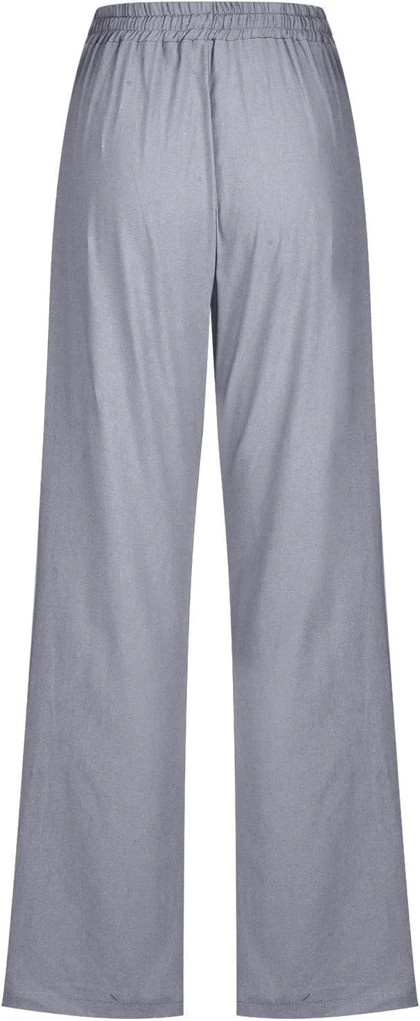 Linen Pants Women High Waist Casual Linen Pants Drawstring Straight Leg Lounge Trousers Pockets Vacation Beach Pants