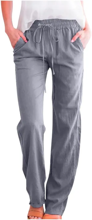Linen Pants Women High Waist Casual Linen Pants Drawstring Straight Leg Lounge Trousers Pockets Vacation Beach Pants