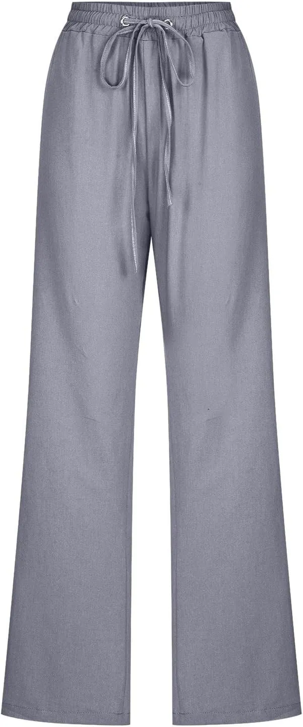 Linen Pants Women High Waist Casual Linen Pants Drawstring Straight Leg Lounge Trousers Pockets Vacation Beach Pants