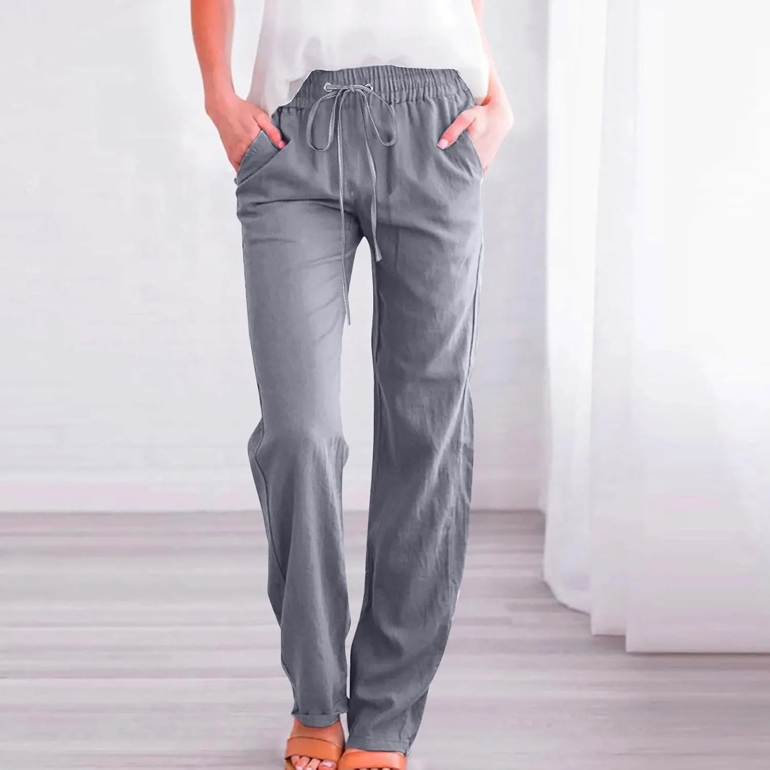 Linen Pants Women High Waist Casual Linen Pants Drawstring Straight Leg Lounge Trousers Pockets Vacation Beach Pants