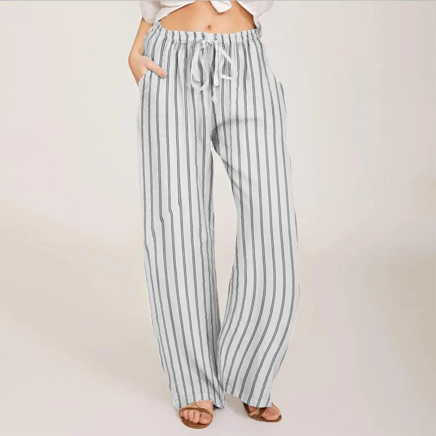 Linen Pants Women High Waisted Wide Leg Palazzo Pants Lightweight Summer Elastic Waist Casual Lounge Trousers