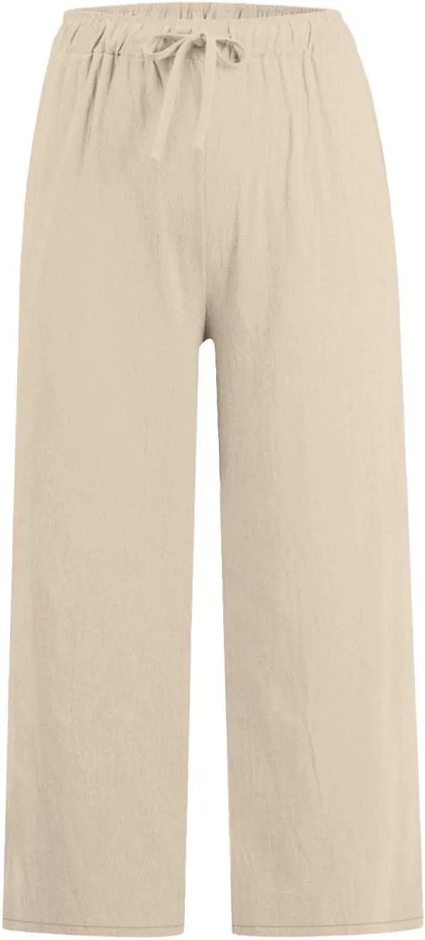 Linen Pants Women Summer Cotton Linen Capris 2025 Wide Leg Boho Pants Drawstring Vacation Beach Cropped Trouser Capris