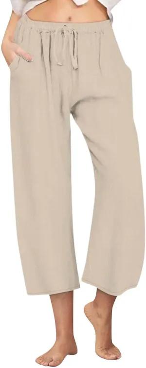 Linen Pants Women Summer Cotton Linen Capris 2025 Wide Leg Boho Pants Drawstring Vacation Beach Cropped Trouser Capris