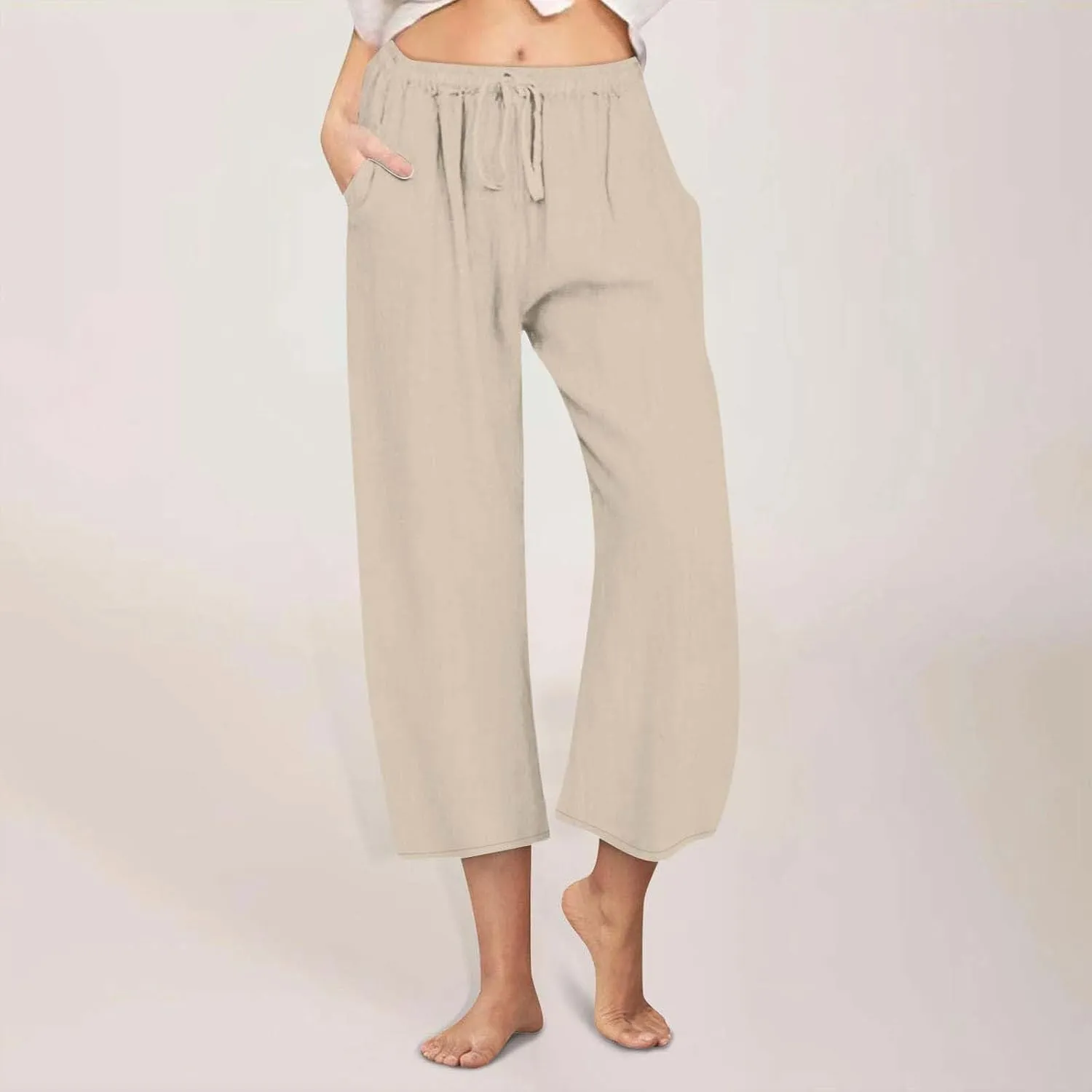 Linen Pants Women Summer Cotton Linen Capris 2025 Wide Leg Boho Pants Drawstring Vacation Beach Cropped Trouser Capris