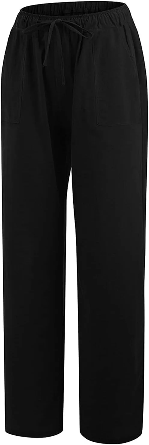 Linen Pants Women Summer, Womens High Waisted Leopard Print Palazzo Pants Belted Wide Leg Long Trousers with Pockets