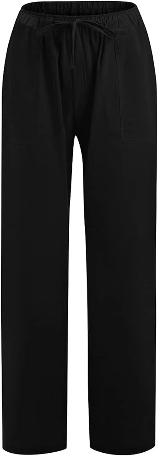 Linen Pants Women Summer, Womens High Waisted Leopard Print Palazzo Pants Belted Wide Leg Long Trousers with Pockets