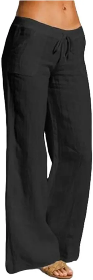 Linen Pants Women Summer, Womens High Waisted Leopard Print Palazzo Pants Belted Wide Leg Long Trousers with Pockets