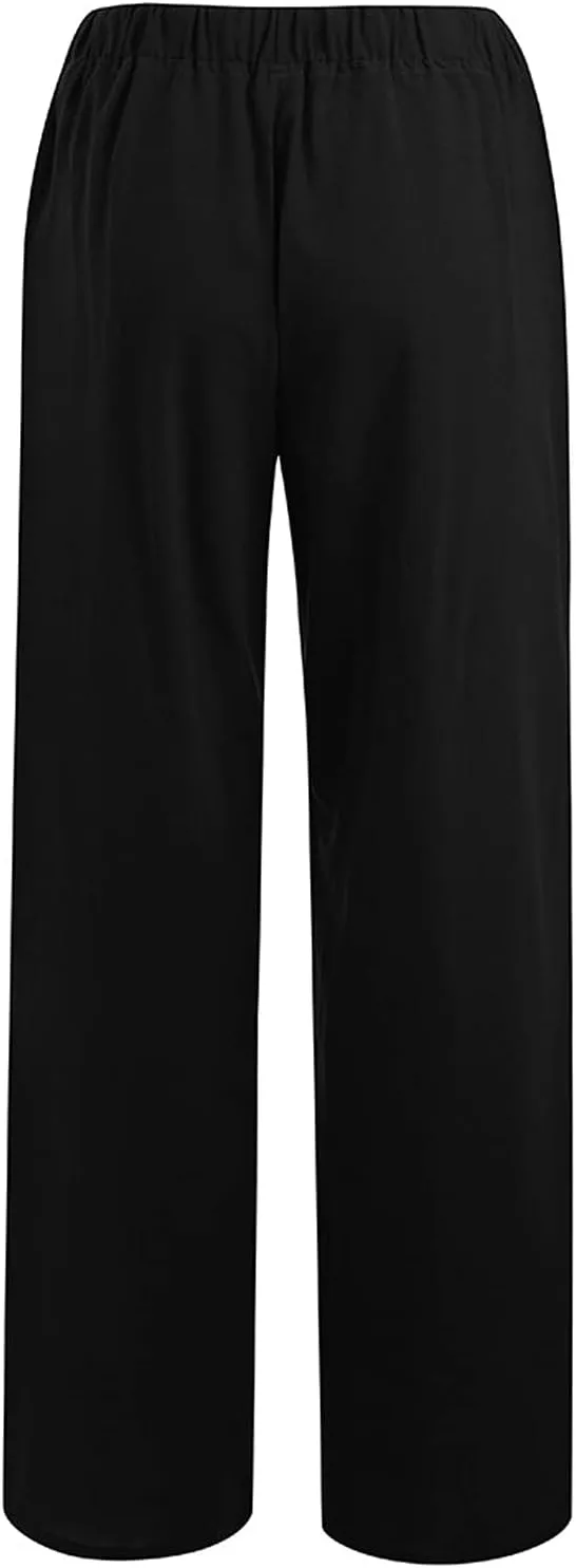 Linen Pants Women Summer, Womens High Waisted Leopard Print Palazzo Pants Belted Wide Leg Long Trousers with Pockets