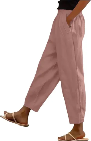 Linen Pants Womens High Waist Loose Pant Plus Drawstring Elastic Waist Trousers with Pockets Summer Casual Crop Slacks