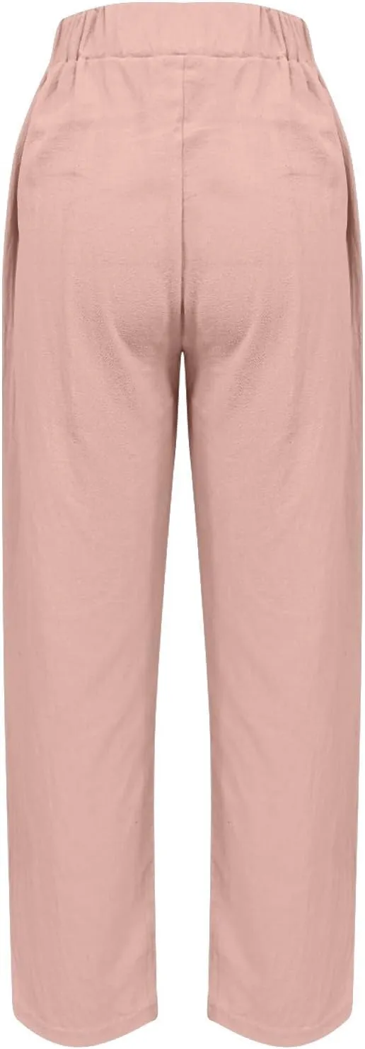 Linen Pants Womens High Waist Loose Pant Plus Drawstring Elastic Waist Trousers with Pockets Summer Casual Crop Slacks