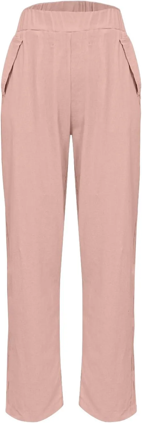 Linen Pants Womens High Waist Loose Pant Plus Drawstring Elastic Waist Trousers with Pockets Summer Casual Crop Slacks