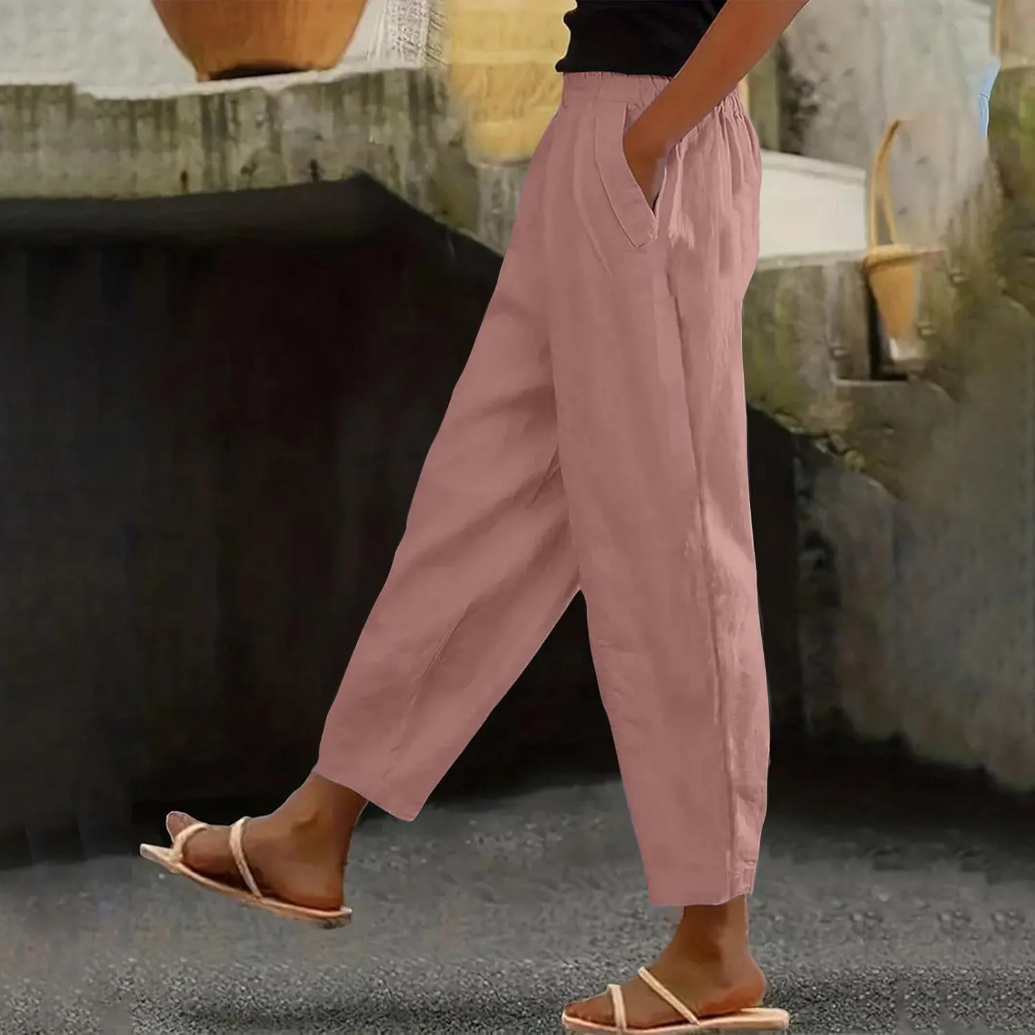 Linen Pants Womens High Waist Loose Pant Plus Drawstring Elastic Waist Trousers with Pockets Summer Casual Crop Slacks