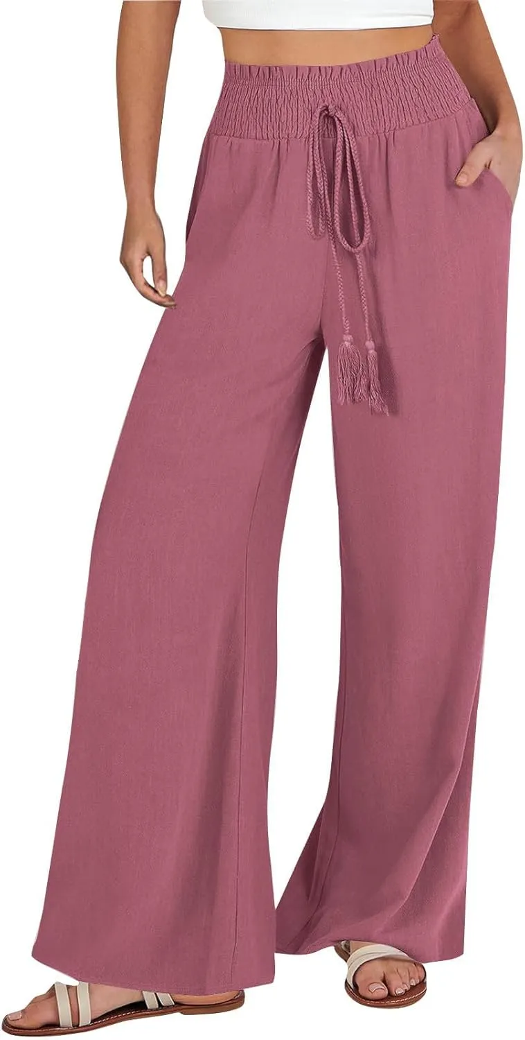 Linen Summer Pants for Women Lightweigh Elastic High Waist Wide Leg Pants Business Adjustable Tie Knot Trousers