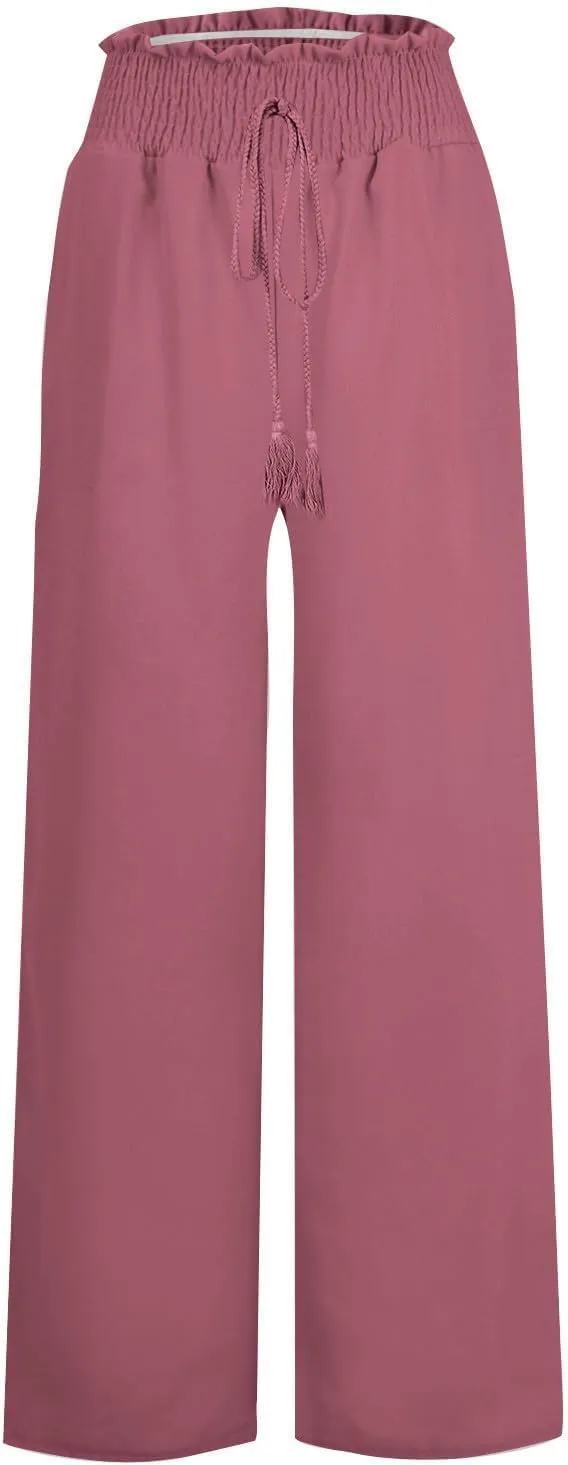 Linen Summer Pants for Women Lightweigh Elastic High Waist Wide Leg Pants Business Adjustable Tie Knot Trousers