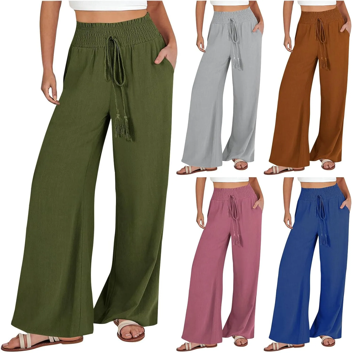 Linen Summer Pants for Women Lightweigh Elastic High Waist Wide Leg Pants Business Adjustable Tie Knot Trousers
