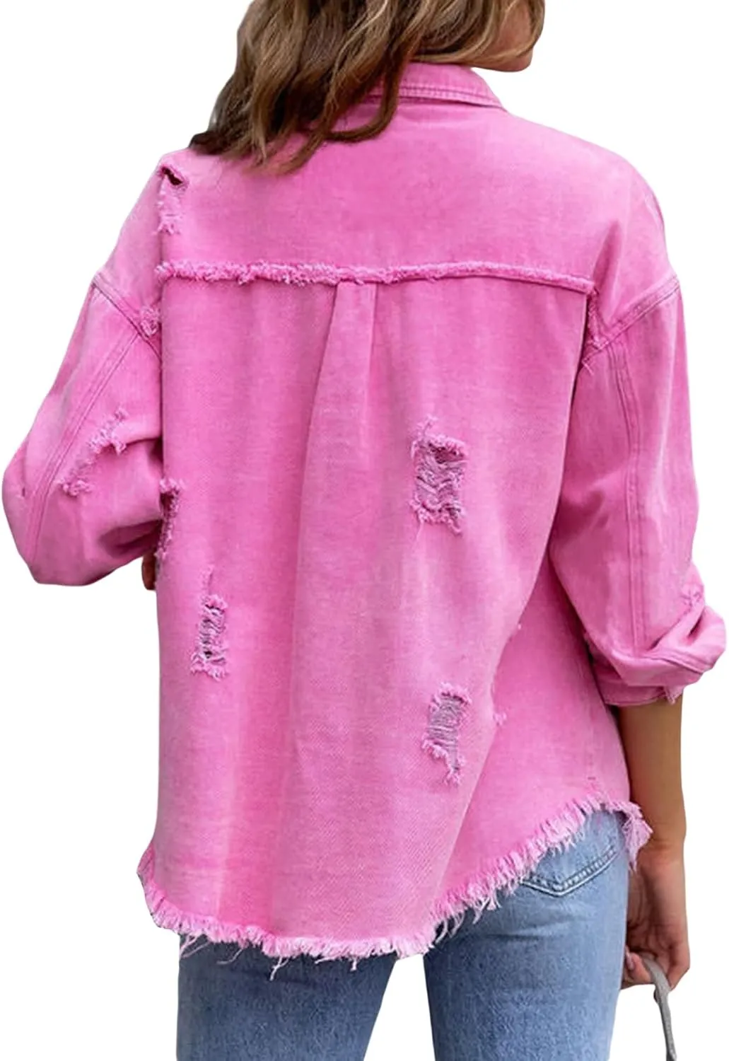 lisenraIn Women Fashion Long Sleeve Jean Jacket Distressed Ripped Denim Jacket Casual Button Down Boyfriend Denim Coat