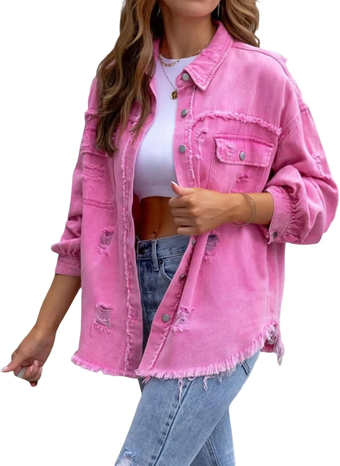 lisenraIn Women Fashion Long Sleeve Jean Jacket Distressed Ripped Denim Jacket Casual Button Down Boyfriend Denim Coat