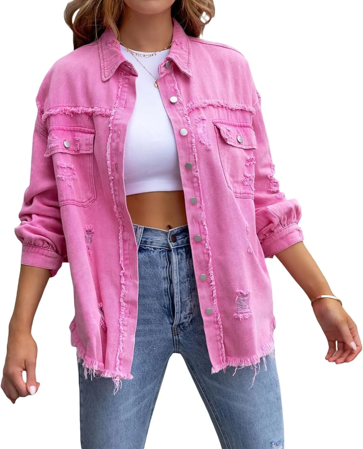 lisenraIn Women Fashion Long Sleeve Jean Jacket Distressed Ripped Denim Jacket Casual Button Down Boyfriend Denim Coat