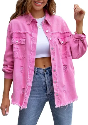 lisenraIn Women Fashion Long Sleeve Jean Jacket Distressed Ripped Denim Jacket Casual Button Down Boyfriend Denim Coat