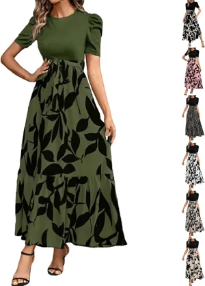 Long Boho Floral Dresses for Women Sumemr Elegant Tie Belted Patchwork Short Sleeve Modest Dresses Flowy Maxi Skirts
