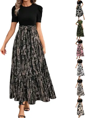 Long Boho Floral Dresses for Women Sumemr Elegant Tie Belted Patchwork Short Sleeve Modest Dresses Flowy Maxi Skirts