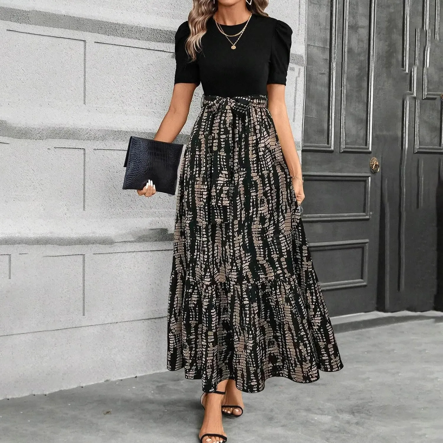Long Boho Floral Dresses for Women Sumemr Elegant Tie Belted Patchwork Short Sleeve Modest Dresses Flowy Maxi Skirts