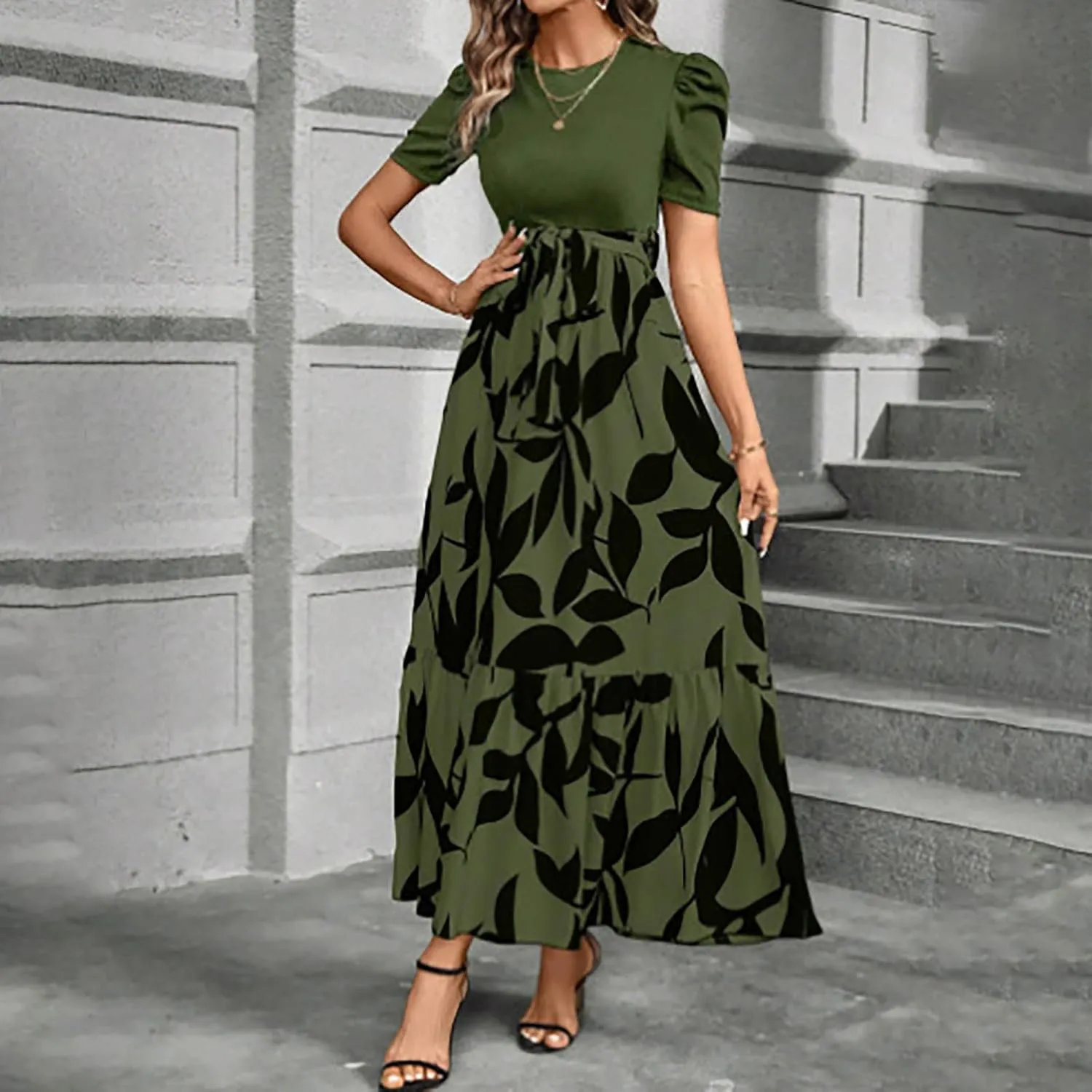 Long Boho Floral Dresses for Women Sumemr Elegant Tie Belted Patchwork Short Sleeve Modest Dresses Flowy Maxi Skirts