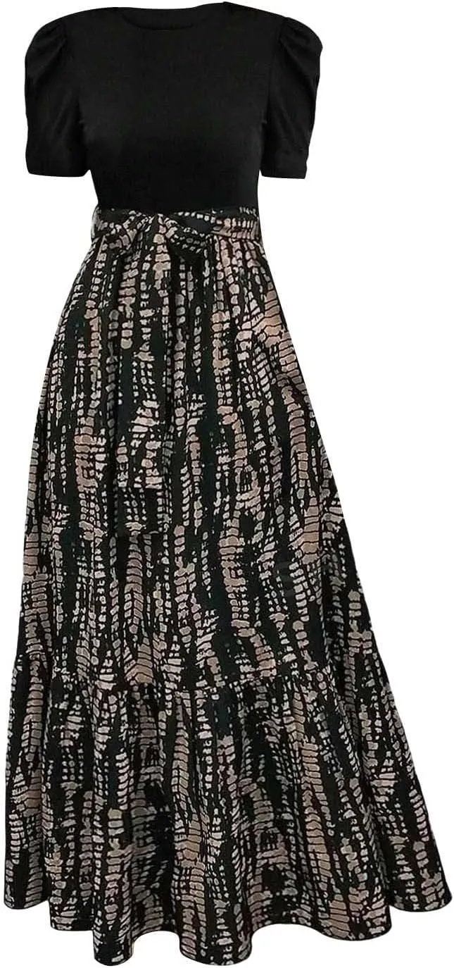 Long Boho Floral Dresses for Women Sumemr Elegant Tie Belted Patchwork Short Sleeve Modest Dresses Flowy Maxi Skirts