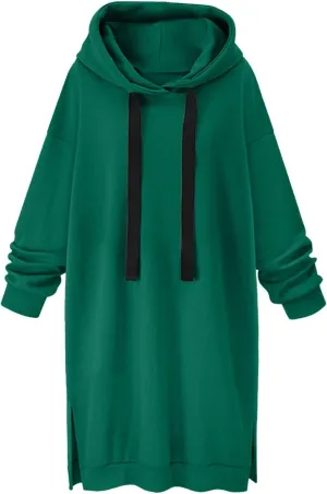 Long Hoodies for Women Oversize Longline Pullover Sweatshirt Split Hem Drawstring Hoodie Dress with Kangaroo Pocket