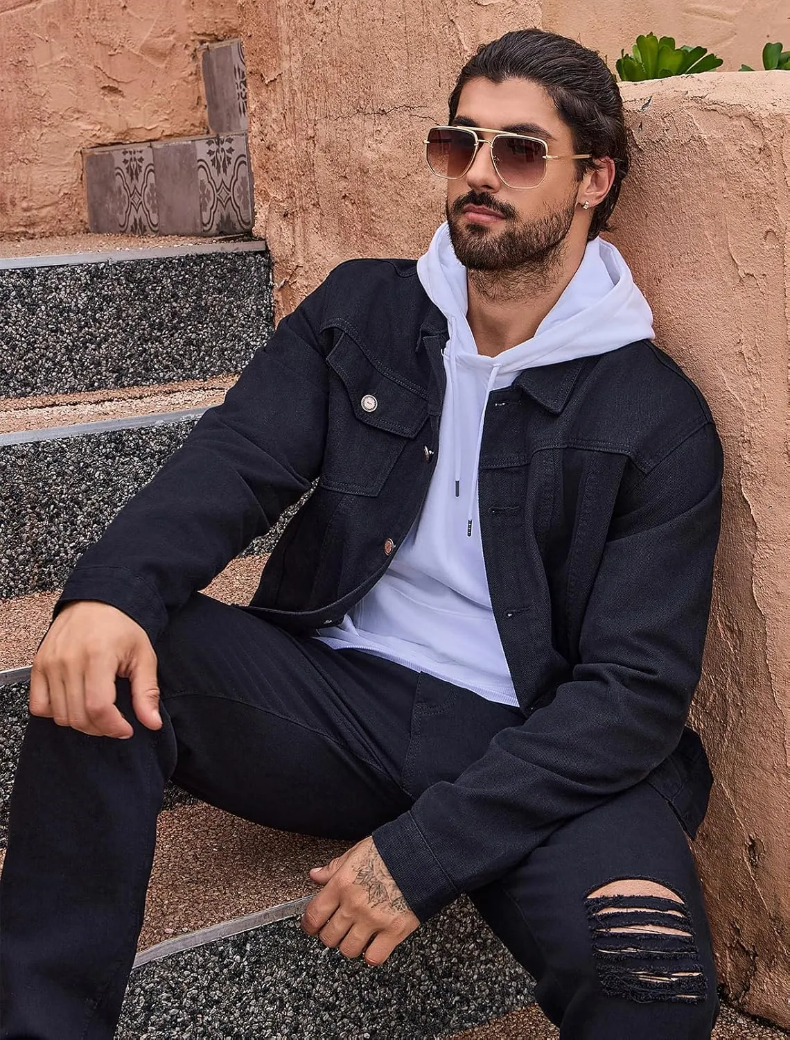 LONGBIDA Men's Jean Jacket Ripped Distressed Denim Trucker Coat with Holes