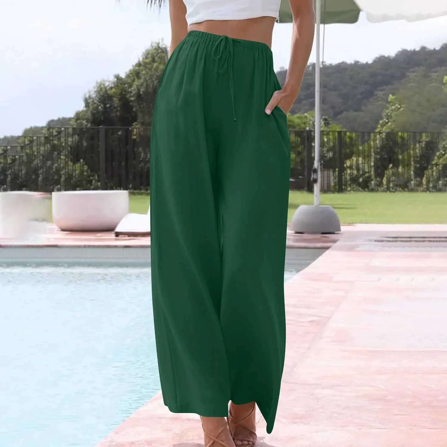 Loose Linen Pants for Women 2025 Summer Trendy Drawstring Waist Pants Beach Vacation Trousers with Pockets