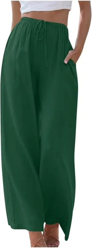 Loose Linen Pants for Women 2025 Summer Trendy Drawstring Waist Pants Beach Vacation Trousers with Pockets