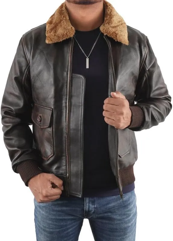 LP-FACON Men's A2 Jacket Flight Pilot Aviator USAAF Air Force Distressed Brown Bomber Leather Outerwear