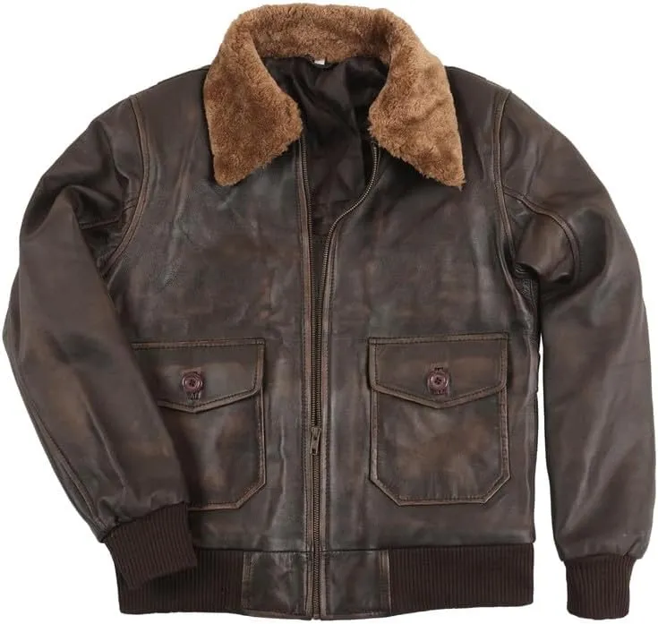 LP-FACON Men's A2 Jacket Flight Pilot Aviator USAAF Air Force Distressed Brown Bomber Leather Outerwear
