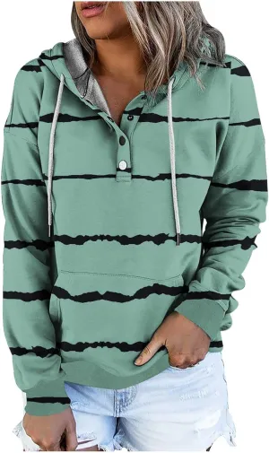 LRMQS Womens Hoodies Pullover Trendy Button Drawstring Hooded Striped Sweatshirt Loose Fit Fall Fashion 2024 Casual Pullover