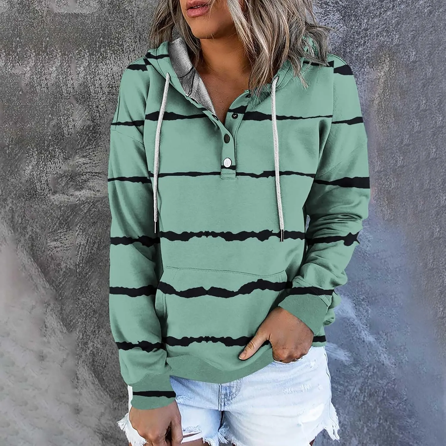 LRMQS Womens Hoodies Pullover Trendy Button Drawstring Hooded Striped Sweatshirt Loose Fit Fall Fashion 2024 Casual Pullover