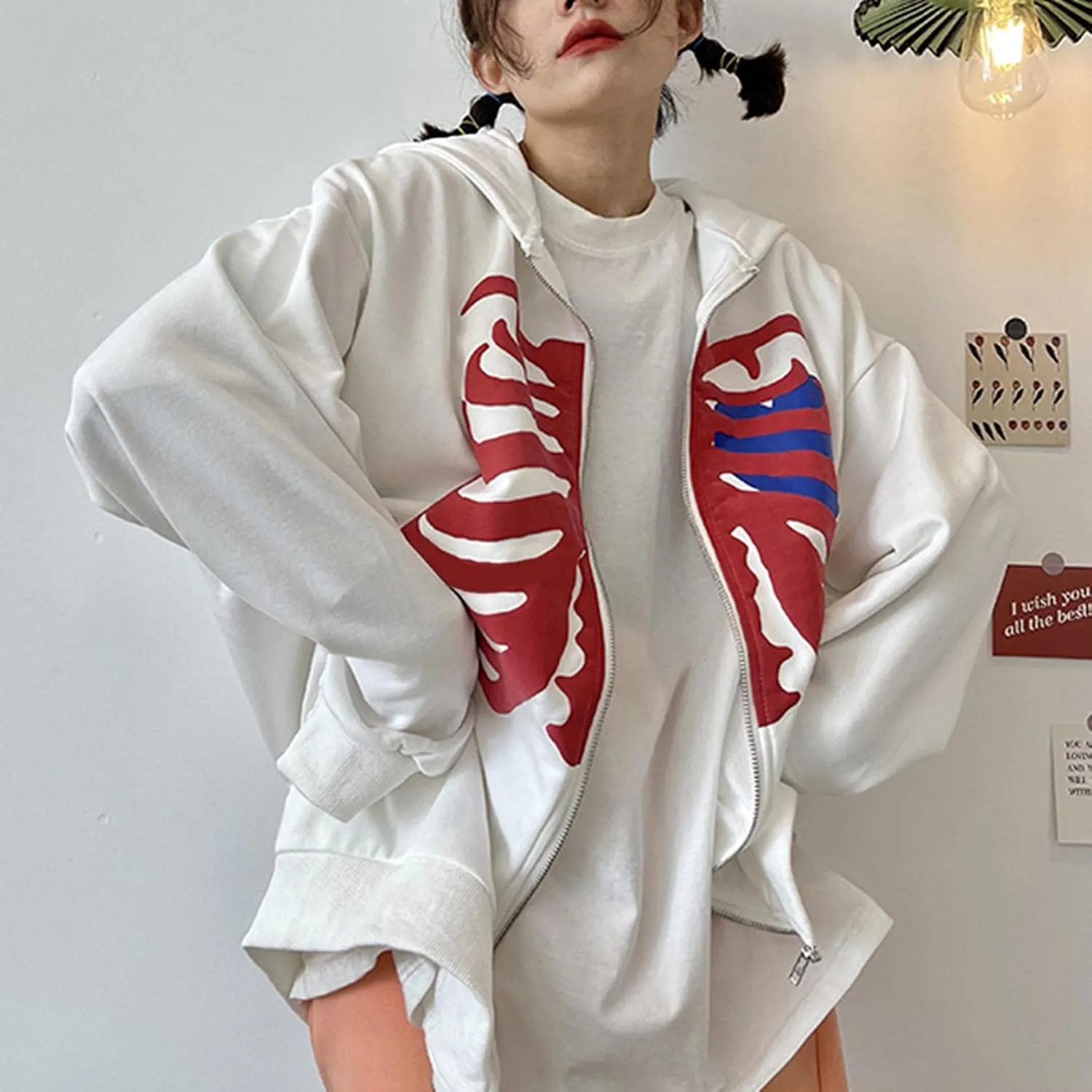 Luckinbaby Women Oversized Zip Up Hoodie Sweatshirt Long Sleeve Y2k Graphic Jacket Skeleton Ribcage Sweatshirts
