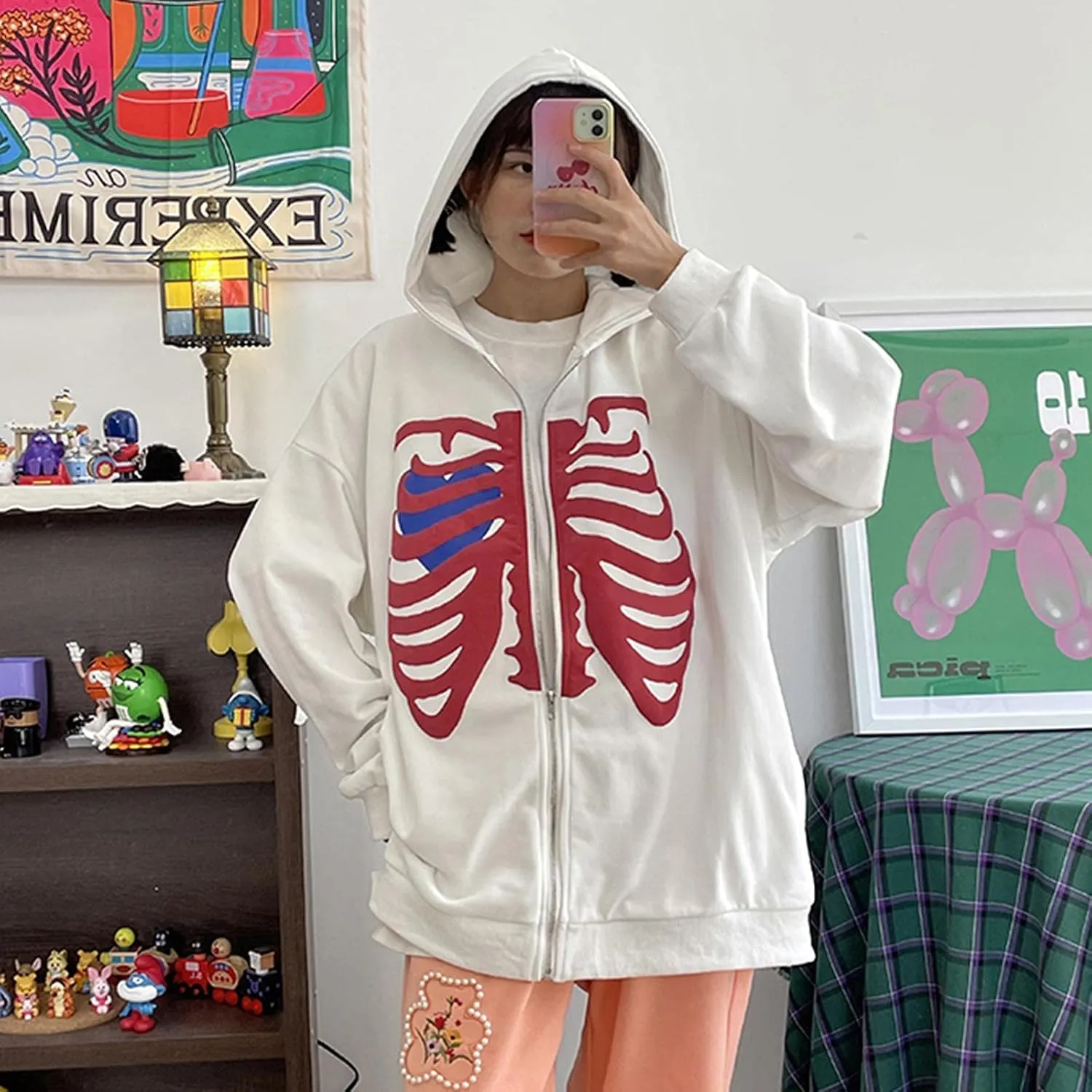 Luckinbaby Women Oversized Zip Up Hoodie Sweatshirt Long Sleeve Y2k Graphic Jacket Skeleton Ribcage Sweatshirts