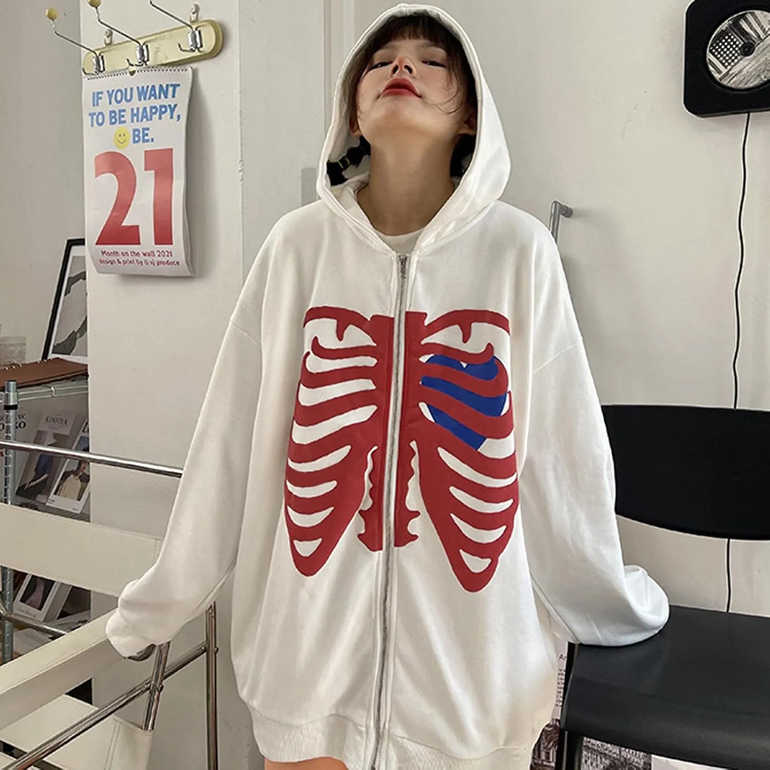 Luckinbaby Women Oversized Zip Up Hoodie Sweatshirt Long Sleeve Y2k Graphic Jacket Skeleton Ribcage Sweatshirts