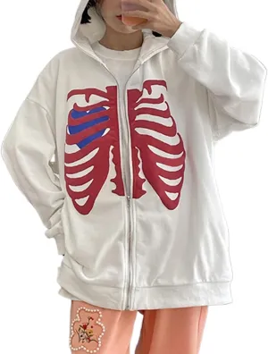 Luckinbaby Women Oversized Zip Up Hoodie Sweatshirt Long Sleeve Y2k Graphic Jacket Skeleton Ribcage Sweatshirts