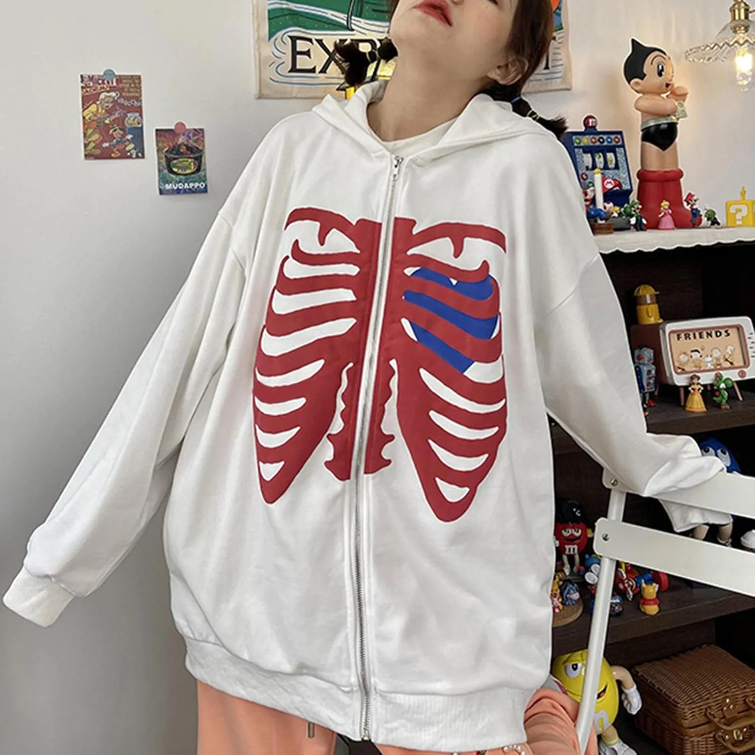 Luckinbaby Women Oversized Zip Up Hoodie Sweatshirt Long Sleeve Y2k Graphic Jacket Skeleton Ribcage Sweatshirts
