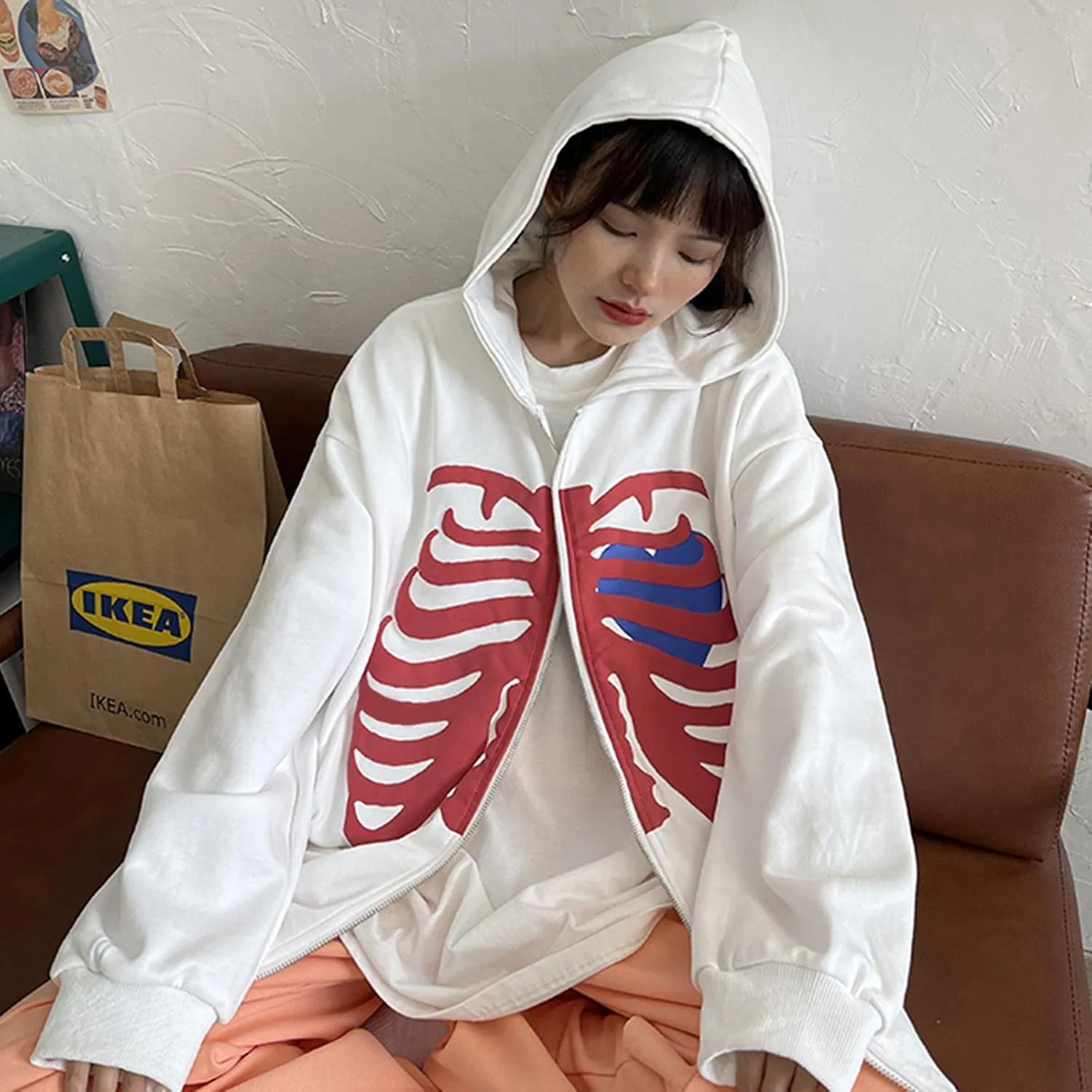 Luckinbaby Women Oversized Zip Up Hoodie Sweatshirt Long Sleeve Y2k Graphic Jacket Skeleton Ribcage Sweatshirts