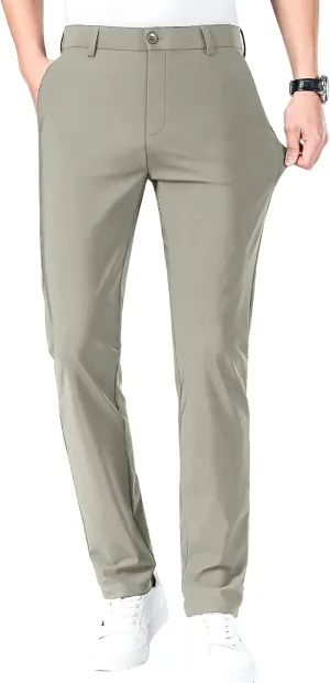 LUSHENUNI Men's Golf Pants Slim High Stretch, Ice Silk Dress Pants with Expandable-Waist Pants