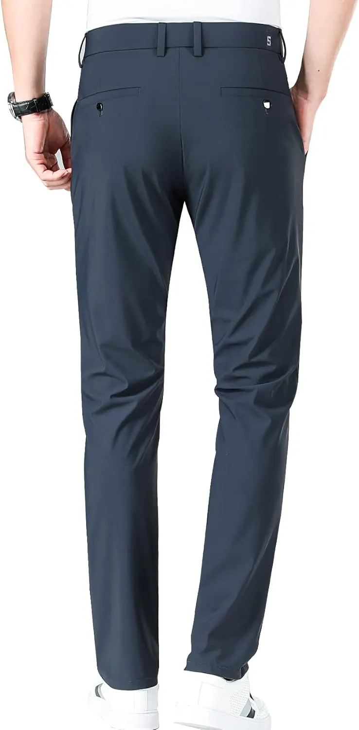 LUSHENUNI Men's Golf Pants Slim High Stretch, Ice Silk Dress Pants with Expandable-Waist Pants
