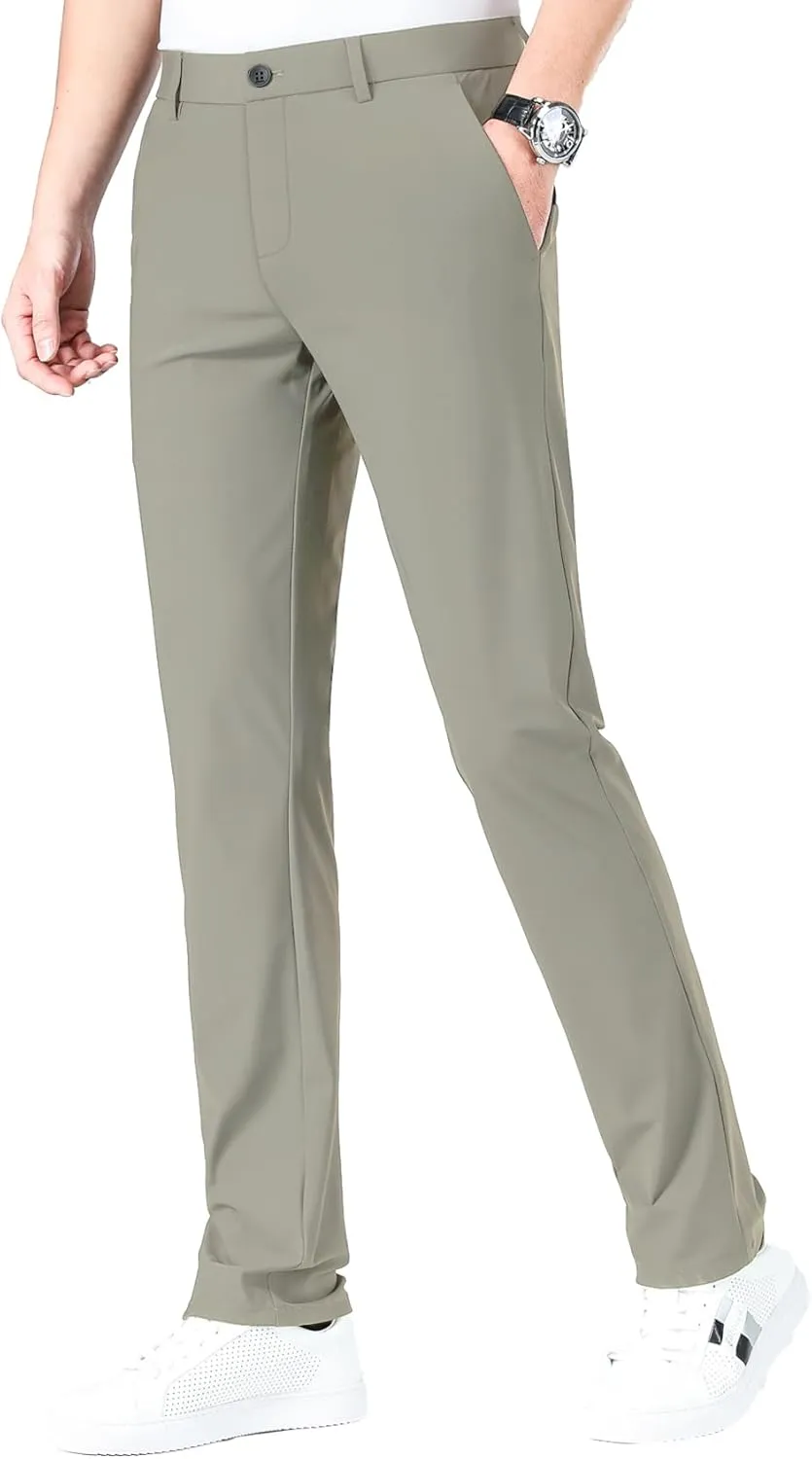 LUSHENUNI Men's Golf Pants Slim High Stretch, Ice Silk Dress Pants with Expandable-Waist Pants
