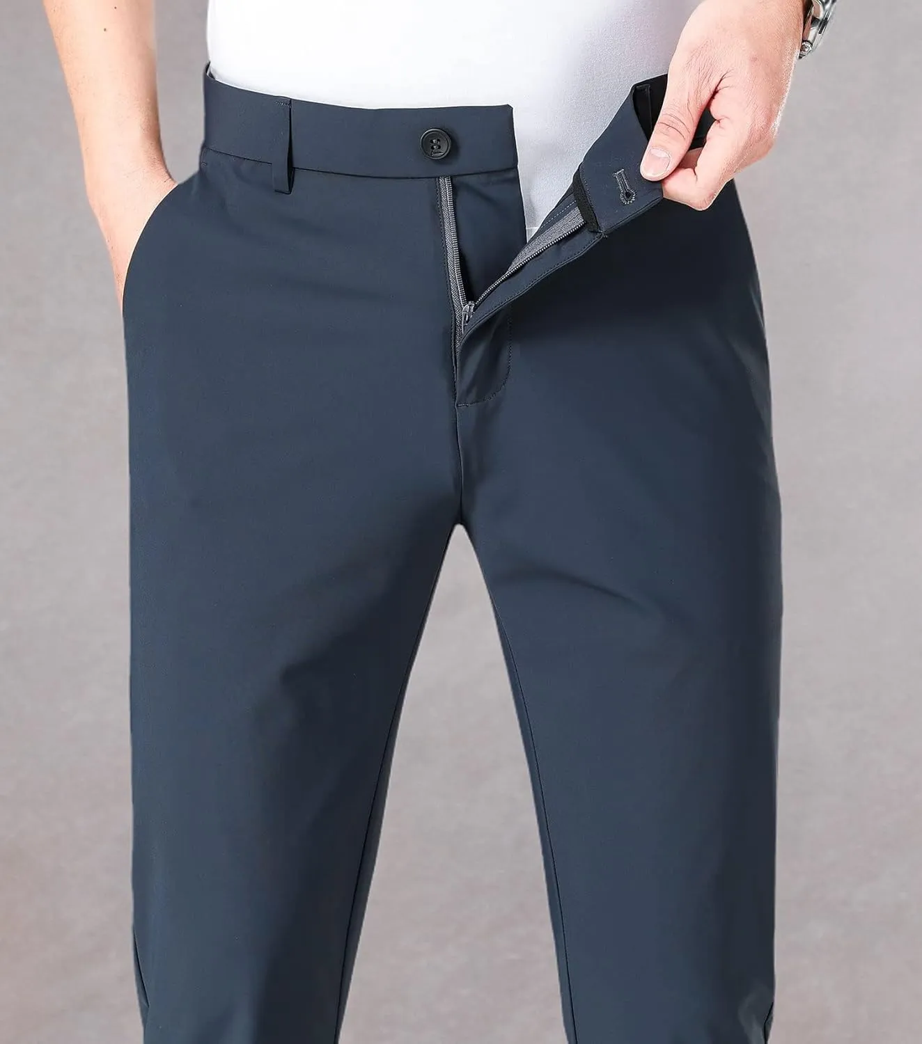 LUSHENUNI Men's Golf Pants Slim High Stretch, Ice Silk Dress Pants with Expandable-Waist Pants